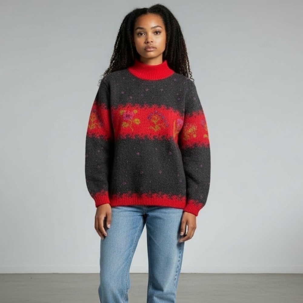 VTG United Colors of Benetton Sweater Mohair Blend Floral Black Red Sz. 10
